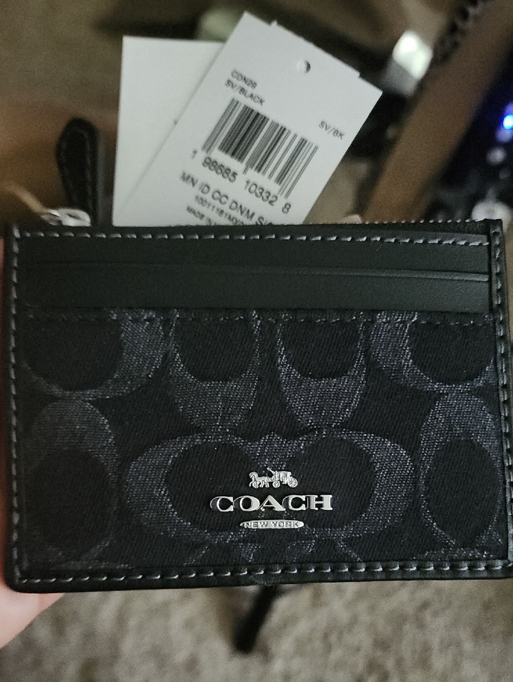 Coach Black Denim  Signature Card Holder with Silver Logo With Key Ring
